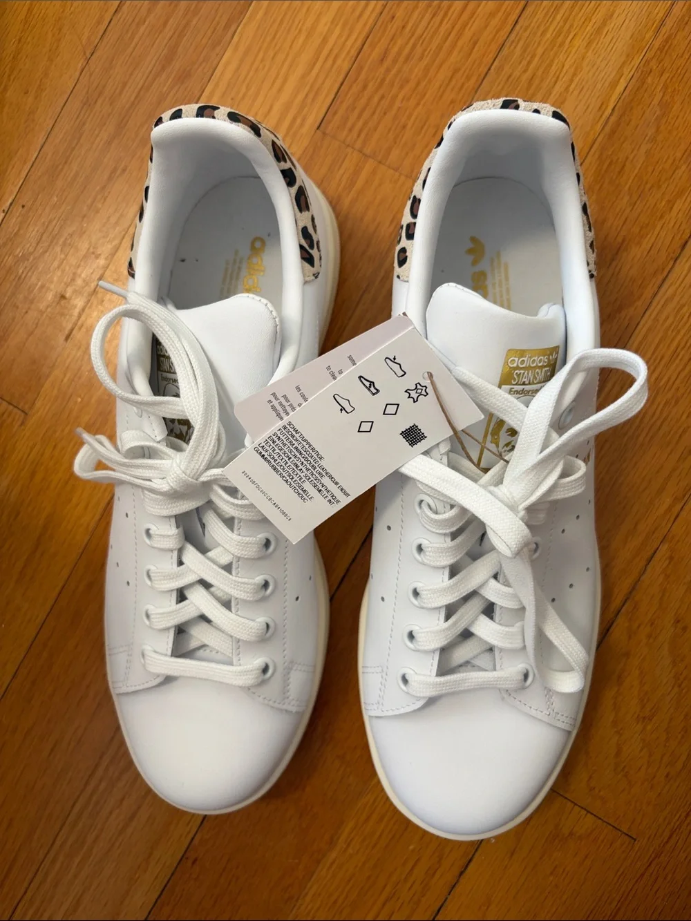 adidas Stan Smith White Leather Sneakers with Leopard Heel Accent